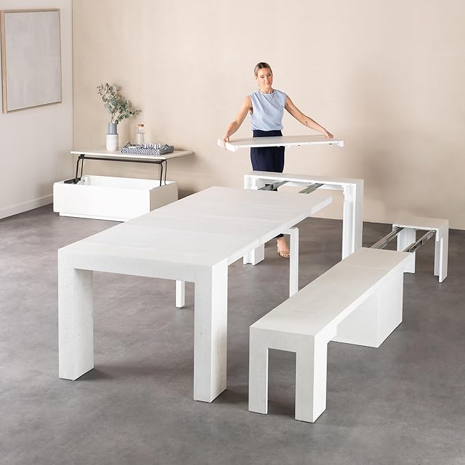 Transformer Table - Solid Wood Extendable Dining Table, Seats 2-12, Extendable Dining Room Table, Space-Saving Furniture, Expandable Dining Furniture (White, Table + Bench + Coffee Table)