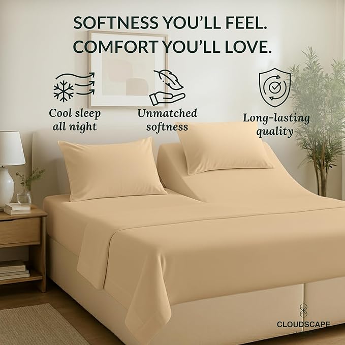 Cloud Scape Linen 100% Egyptian Cotton Split King Sheet Set for Adjustable Bed,400 Thread Count, 5 Pcs Bedding Set, Soft, Breathable and Durable, Deep Pockets up to 17, Linen
