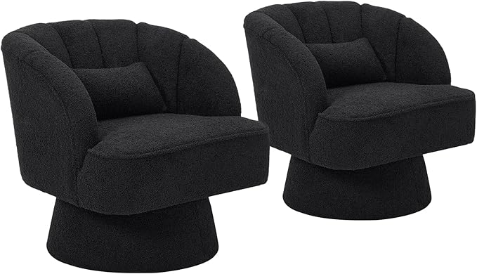 GarveeHome Modern Swivel Barrel Accent Chair, 360° Teddy Fabric Upholstered Armchair with Striped Backrest & Plush Padding, Comfy Round Lounge Chair for Living Room, Bedroom, Reading Nook, Black 2 PCS