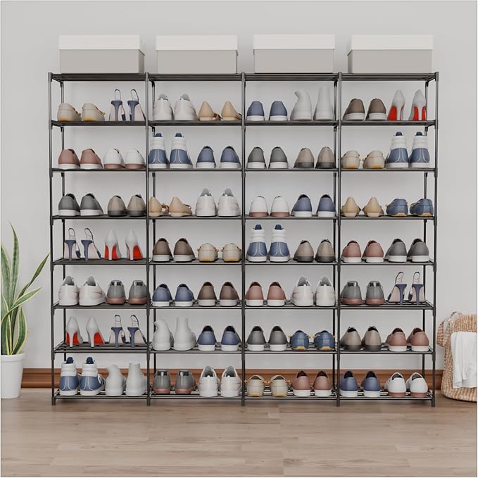 Shoe Rack Large Capacity 4 Rows 8 Tier 56-64 Pairs Shoes Sneaker Stackable Storage Organizer Garage Entryway Hallway Front Doorway Shoe Unit Shelves Space Saving
