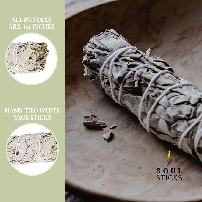 Ancient VEDA 4 Inch White Sage Smudge Sticks Bulk with Starter Guide (12 Pack) Smudge Sticks Sage for Cleansing House | White Sage for Smudging and Negative Energy Yoga | California Sage Bundles