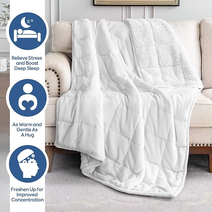 Cottonblue Weighted Blanket 15 lbs 60x80 inches, Queen Size Flannel and Shaggy Sherpa Warm Heavy Blanket, Great for Calming and Relax, Fluffy Soft Bedding Blanket, Snow White