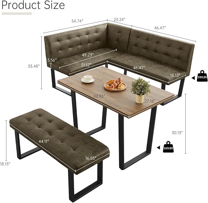 3-Piece Corner Dining Table Set with Bench, 70 Inch Space-Saving Breakfast Nook for Kitchen & Dining Room(Walnut Table+Right Seat Brown Bench)