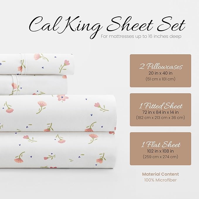 Linen Market Double-Brushed Patterned Microfiber California King Sheet Set 4 Piece – Oeko-TEX Certified Ultra Soft & Wrinkle-Free - 16" Deep Pocket Sheets Easy Care Cal-King Size - Soft Floral Pink