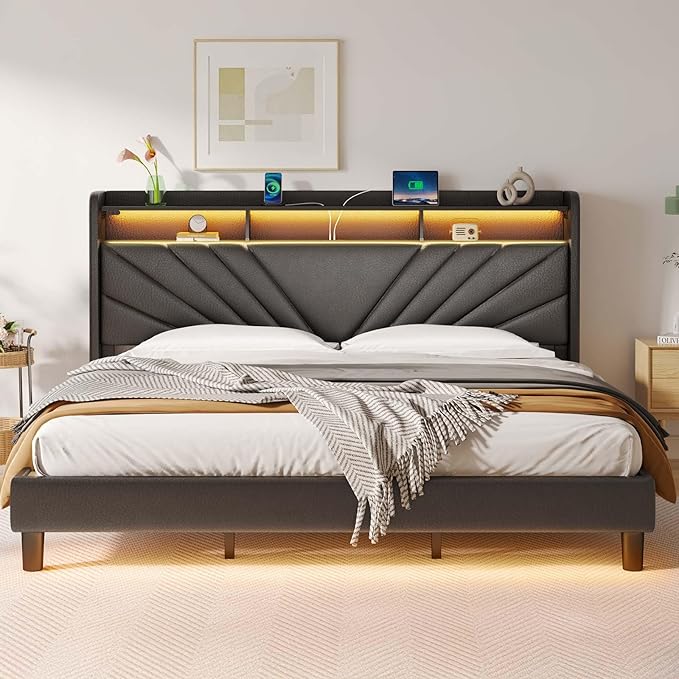 Rolanstar King Size Bed Frame, Storage Headboard with Charging Station and LED Lights, Upholstered Bed with Heavy Duty Wood Slats, No Box Spring Needed, Noise Free, Easy Assembly, Black