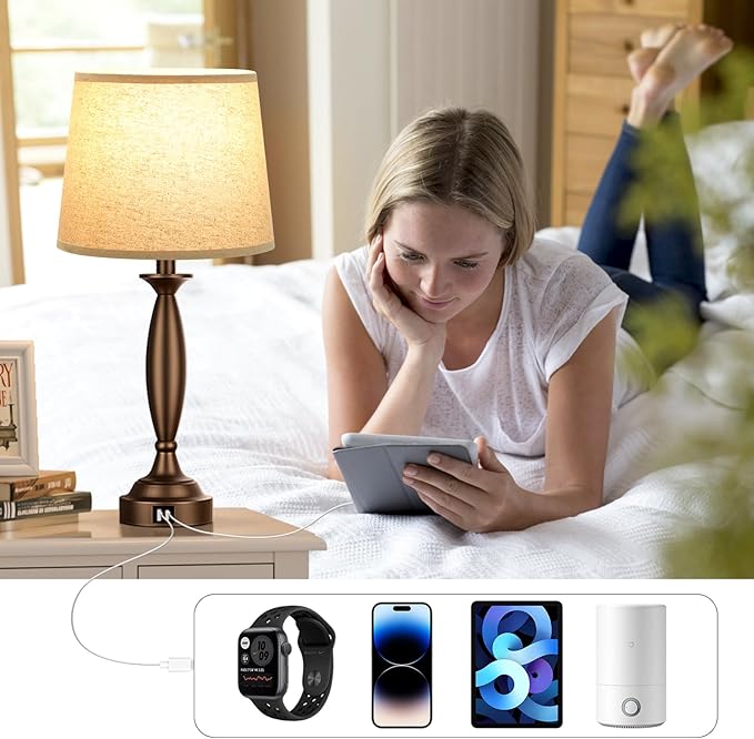Seealle Beige Brown Lamps for Bedrooms Set of 2 - Touch Control Bedside Lamp with USB C+A, 3 Way Dimmable Nightstand Lamps with USB Port, Table Lamp for Living Room(Beige Shade and Brown Base)