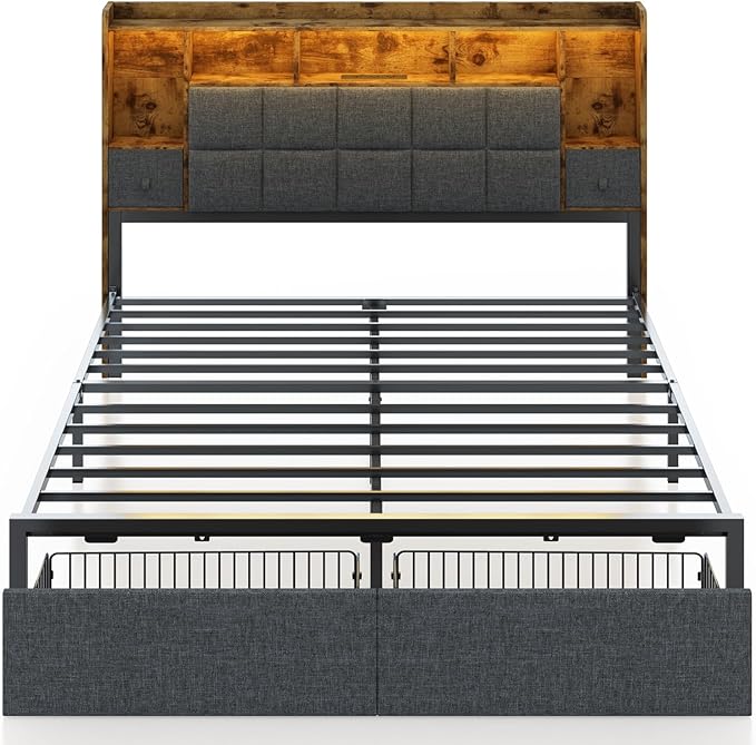 LED Bed Frame Queen Size with 2 Hidden Storage Drawers, Bookshelf Headboard, Upholstered Platform Metal Bed Frame with Charging Station, Metal Slats Support, Noise Free, No Box Spring Needed