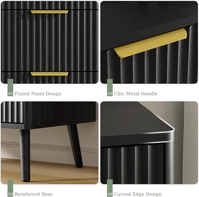 LYNSOM Fluted 5 Drawers Dresser, 45" Tall Modern Chest of Drawers with Curved Profile Design and Metal Handle, Wood Drawer Organizer for Bedroom, Living Room, Hallway, Entryway, Black