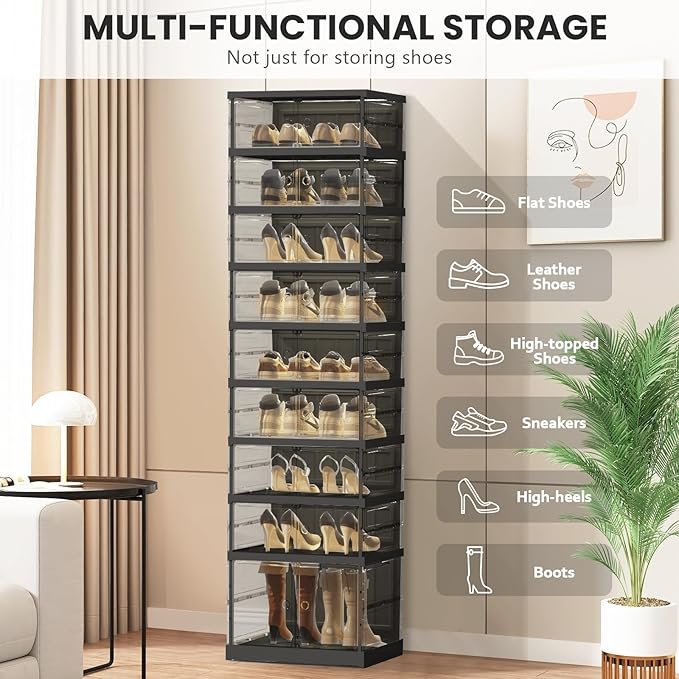 Shoe Rack Organizer for Closet Entryway Foldable Sneaker Storage Shoe, Collapsible Shoe Cabinet, Stackable Shoe Storage Cabinet with Lids for Living Room (9 Tiers -18 Pairs Transparent Black)