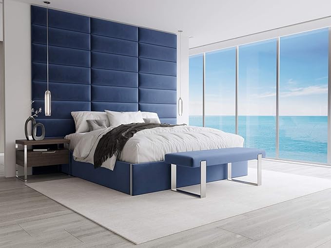VANT Upholstered Bed Bench - Velvet Navy - Brushed Nickel - Contemporary Modern, Bedroom Bench Seat, Hallway, or Entryway