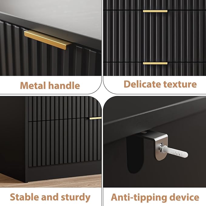 Black 6 Drawer Dresser for Bedroom, 55" Wide Modern Chest of Drawers with Gold Metal Handles, Fluted Wood TV Stand for Living Room, Hallway