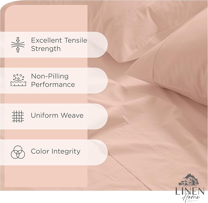 Linen Home 100% Cotton Percale Sheets Full Size, Brushed Rose, Deep Pocket, 4 Pieces Set - 1 Flat, 1 Deep Pocket Fitted Sheet and 2 Pillowcases, Crisp Cool and Strong Bed Linen