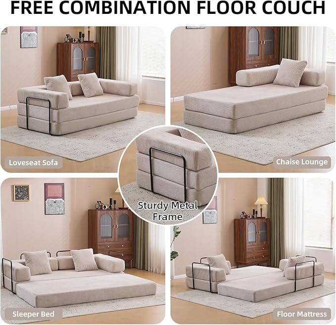 4-in-1 Convertible Folding Sleeper Sofa Bed, Fold Out Floor Sofa Couch with Fixed-Shape Frame, Cloud Corduroy Foldable Mattress Couch for Living Room Bedroom (78.5" Corduroy,Light Grey)