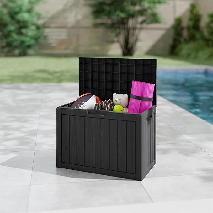 45 Gallon Outdoor Storage Box Waterproof, Resin Deck Boxes with Lockable Lid & UV-Resistant for Patio, Pool, Garden Furniture Cushions & Accessories, Black