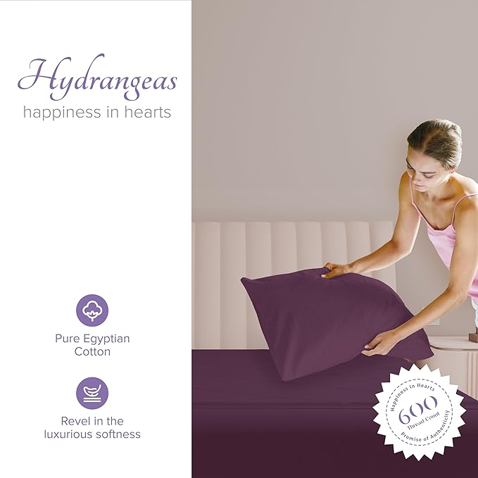 Carressa Linen 100% Egyptian Cotton Pillow Cases Queen Size Set of 2 - Luxury 600 Thread Count Plum Standard/Queen Size Pillowcases, Silky Soft, Cooling Sateen Weave Hotel Quality Bed Pillow Cover