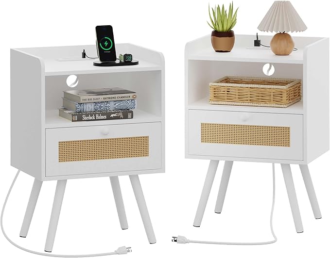 SUPERJARE Nightstands with Charging Station, Bedside Table Set of 2 with PE Rattan Drawers, Rattan Side Table with Storage & Solid Wood Feet, End Table for Bedroom, White