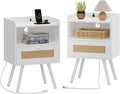 SUPERJARE Nightstands with Charging Station, Bedside Table Set of 2 with PE Rattan Drawers, Rattan Side Table with Storage & Solid Wood Feet, End Table for Bedroom, White