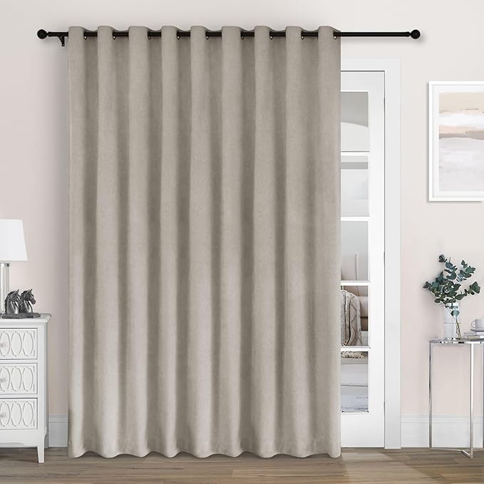 Macochico 100% Blackout Chenille Curtains for Sliding Door Thermal Insulated Noise Reducing Drapery for Living Room Bedroom Hotel, Grommet Curtains with Tieback, Beige Taupe, 120" Wx96 L 1 Panel