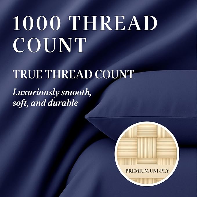 Hyde Lane Luxury 1000 Thread Count 100% Cotton Sheets | Very Soft & Thick - Fits Upto 20" Mattress | Sateen Weave Bed Sheets 18" Deep Pocket- 4 PC Sheet Set (Navy, California King)