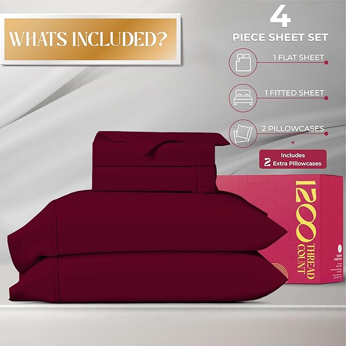 Mayfair Linen 100% Egyptian Cotton Queen Sheet Set - Luxury 1200 High Thread Count Egyptian Cotton Sheets Queen Size (4 PC, Burgundy), Silky Soft, Cooling, 17" Deep Pocket Sateen Weave Hotel Bedding