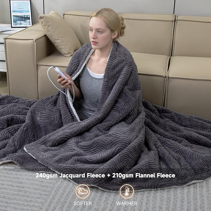 Heated Blanket Full Size - 72"x84" Cozy Soft Jacquard Heating Blanket with 4 Heat Levels & 10 Hours Auto-Off, Jacquard Fleece, Overheating Protection, Warm Gifts, Grey