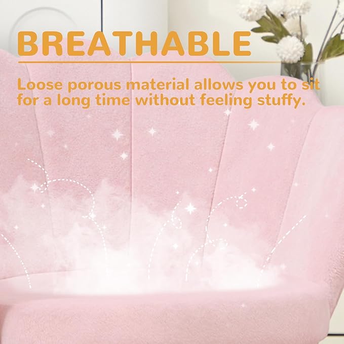 Fluffy Faux Fur Vanity Chair with Back, Mid-Century Modern Small Accent Chair for Living Room, Golden Metal Legs Upholstered Makeup Chair, 1Pcs Bedroom Armchair, Pink