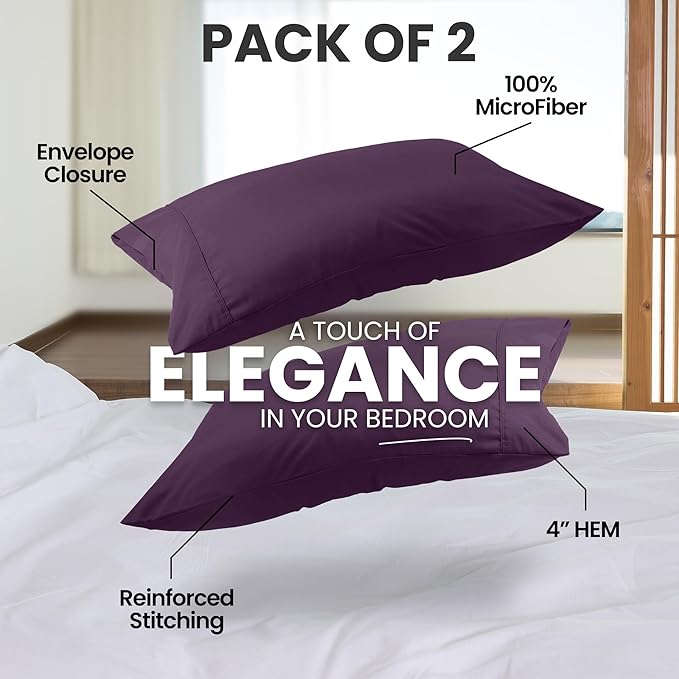 Pillow Covers by Utopia Bedding - King Size 2-Pack – Soft Brushed Microfiber – Perfect for Hospitals, Hotels, Guest Rooms – Oeko-TEX Certified, 20x40 Inches (Dark Purple)