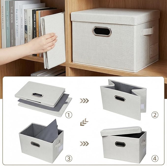 PRANDOM Storage Boxes with Lids [3-Pack] Linen Fabric Foldable Storage Bins Organizer Containers Baskets Cube with Cover for Closet Office Nursery Beige（11.4X8.6X6.7