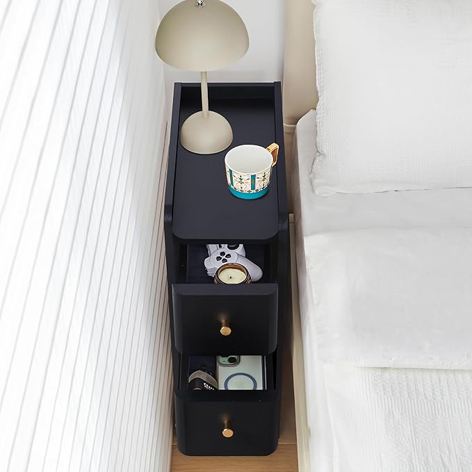Narrow End Table Bedroom, Wooden Small 2 Drawer Nightstand, Thin Couch Side End Table, Skinny Bedside Table Small Spaces, Mid Century Modern Night Stand with Drawers (Black-1 pc)
