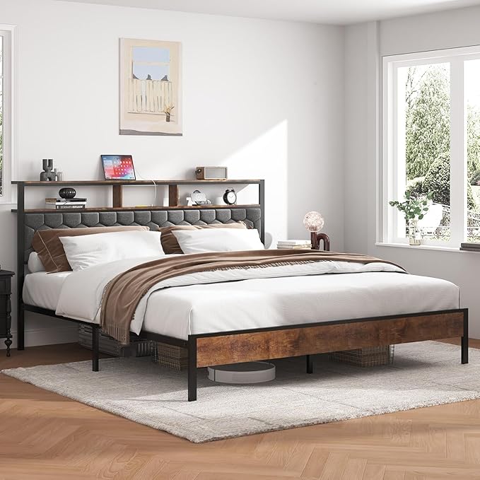King Size Bed Frame with Storage Headboard & Charging Station, Platform Bedframe with LED Lights, Upholstered Headboard, Metal Slat Support, No Box Spring Needed