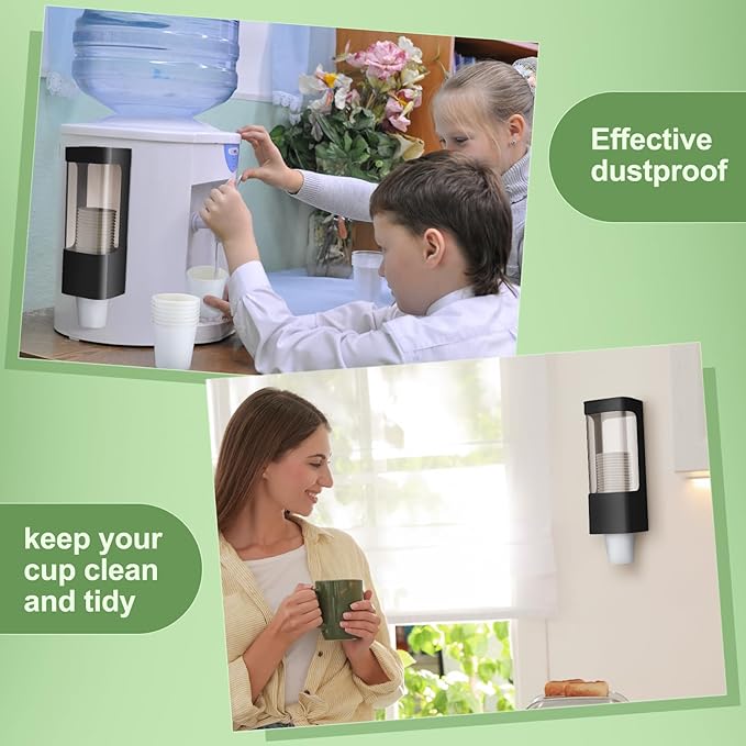 CHENGU 2 Pcs Cup Dispensers, Wall Mounted Pull Type Water Cup Holders for Water Cooler Fits 3-5 oz Small Adhesive Dispenser with Paste Plate for Home, Bathroom, Office, Hospital(Black)