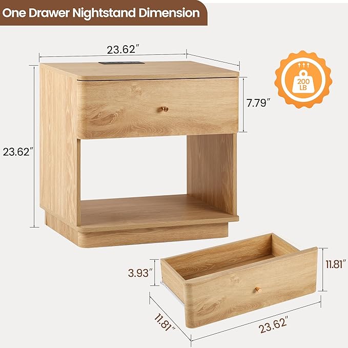 Narrow Nightstand Set of 2, Wooden Small 2 Drawer Nightstand, Slim Side End Table, Skinny Bedside Table, Mid Century Modern Night Stand with Drawers, for Living Room (Natural-Charging Station-2 pcs)
