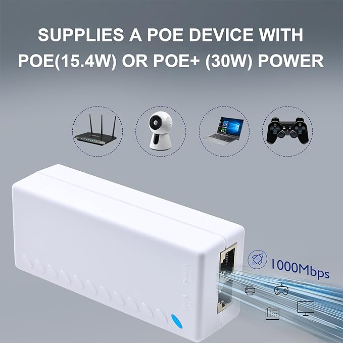 Gigabit PoE+ Injector – Converts Non-PoE to PoE+ (802.3af/at), 30W Power, Plug & Play, Up to 328ft (100m) Range, White – Ideal for IP Cameras, VoIP Phones & More
