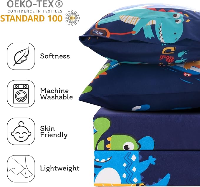 JSD Sports Dinosaur Kids Sheet Set Twin Size, 3 Piece Blue Printed Microfiber Sheets Deep Pocket