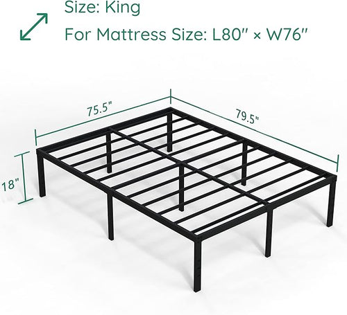 18 Inch King Bed Frame Heavy Duty Metal Platform No Box Spring Needed, Maximum Storage, Easy Assembly, No Noise, Black