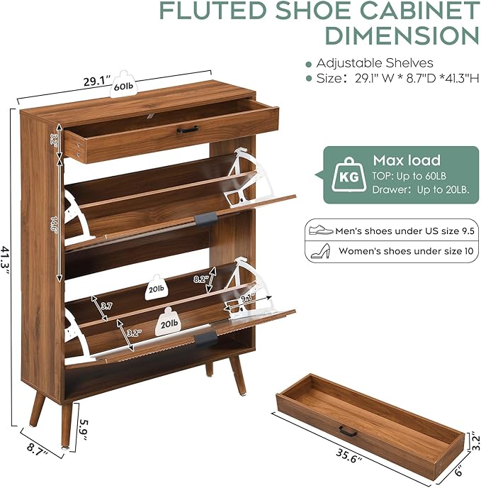 Yechen Shoe Storage Cabinet with 2 Flip Drawers& 1 Small Drawer, Slim Entryway Shoe Organizer with Fluted Wavy Doors for Hallway,Walnut