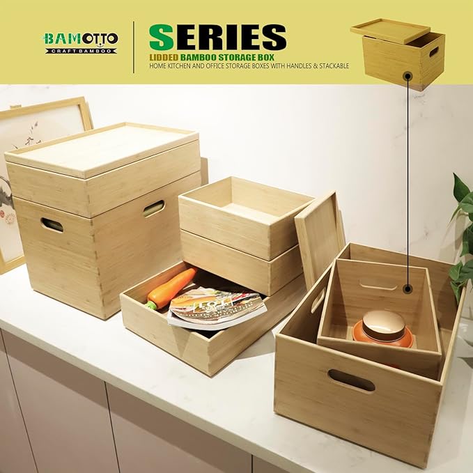 BAMOTTO Lidded Bamboo Storage Bins & Box/Cube/Basket, Home Kitchen and Office Storage Boxes with Handles & Stackable for Organizer Tableware, Clothing, Toys, Office Shelf Books, 10.2”x7.3”x6.5”