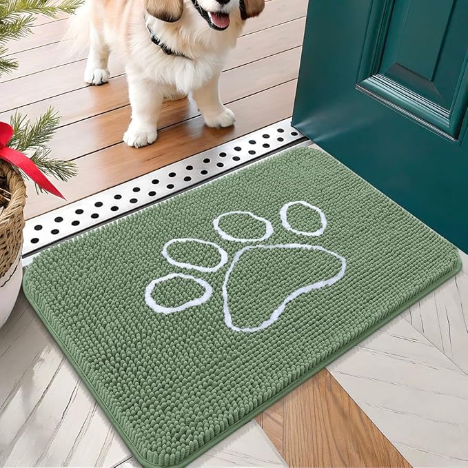 OLANLY Dog Door Mat for Muddy Paws 24x16, Paw Print Design, Absorbs Moisture and Dirt, Non-Slip Washable Doormat, Quick Dry Chenille Mud Mat, Entry Indoor Entryway Carpet, Olive Green and White
