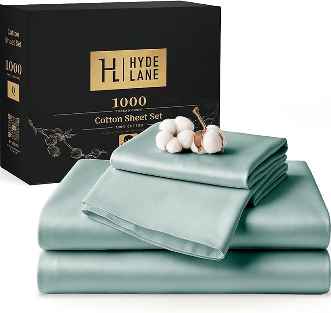 Hyde Lane Luxury 1000 Thread Count 100% Cotton Sheets | Very Soft & Thick - Fits Upto 20" Mattress | Sateen Weave Bed Sheets 18" Deep Pocket- 4 PC Sheet Set (Grey Mist, Queen)