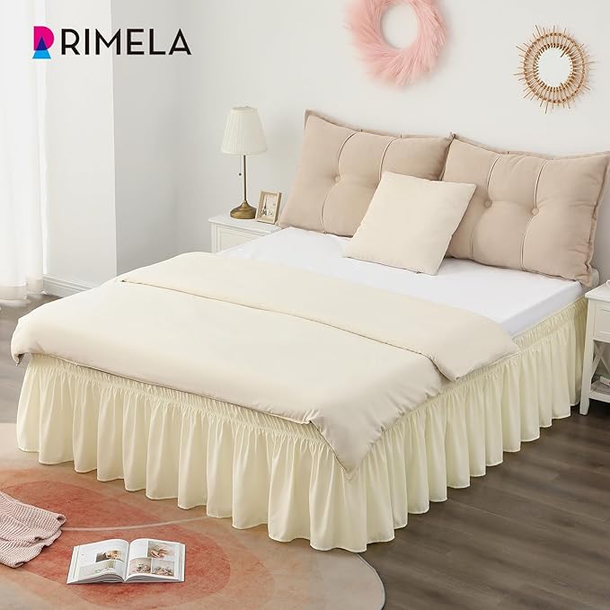 RIMELA Bed Skirt King Size 12 Inch Drop, Wrap Around Elastic Bedskirt Solid Microfiber Luxury Hotel Quality Fabric, Easy to Install Machine Washable Wrinkle & Fade Resistant, Cream Yellow