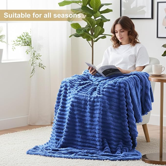 decorUhome Christmas Soft Fleece Navy Blue Blanket King Size for Bed, Cozy Fluffy Plush Flannel Large Striped Throws for Couch Sofa, Lightweight Decorative Fuzzy Blanket for Woman, 108x90 Inches