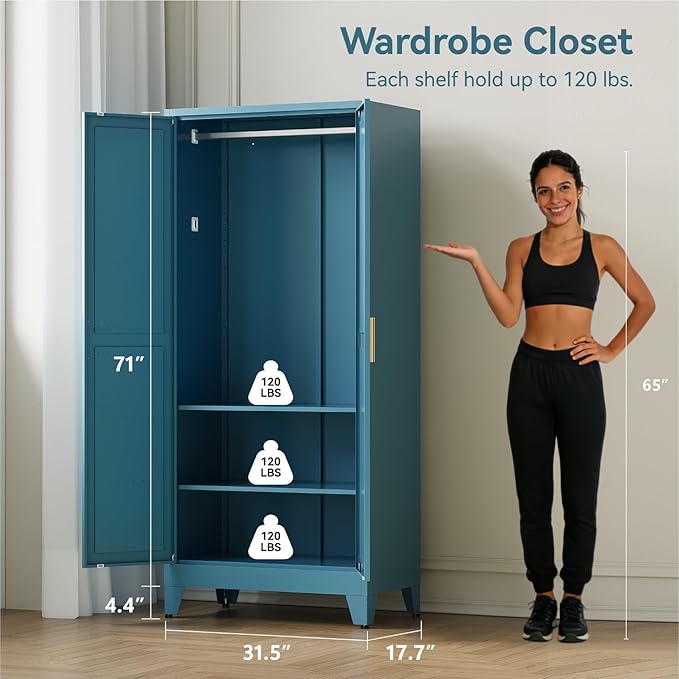 71" Tall Metal Armoire Wardrobe Closet with Removable Hanging Rod and Adjustable Shelves,Blue