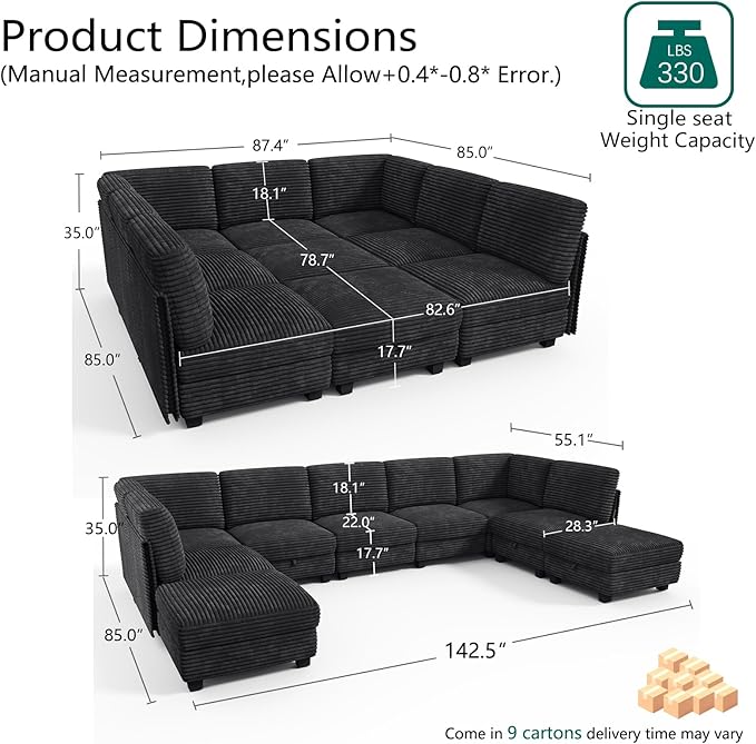 Modular Sectional Sofa with Adjustable Backrest, Large Convertible L/U-Shaped Sleeper Couch for Living Room, Cloud Sofa Bed Modern Reversible Design, Black