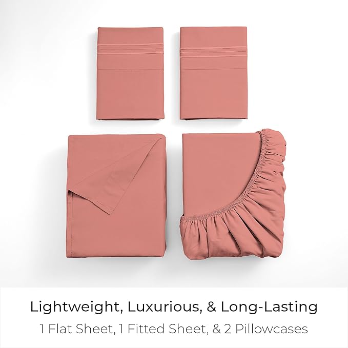 Mellanni Twin Sheet Set - 4-Piece Iconic Collection Bedding, (Including 2 Pillowcases), 16-Inch Deep Pocket, Easy Care, Extra Soft, Cooling Sheets, Brushed Microfiber - Coral
