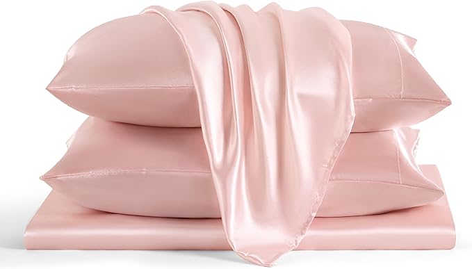 Bedsure Pink Satin Sheets King Size - 4 Piece Silky Bedsheets with 15 Inches Deep Pocket Fitted Bedsheet,1 Flat Sheet, 2 Satin Pillowcases, Good for Hair & Skin (King, Pink)