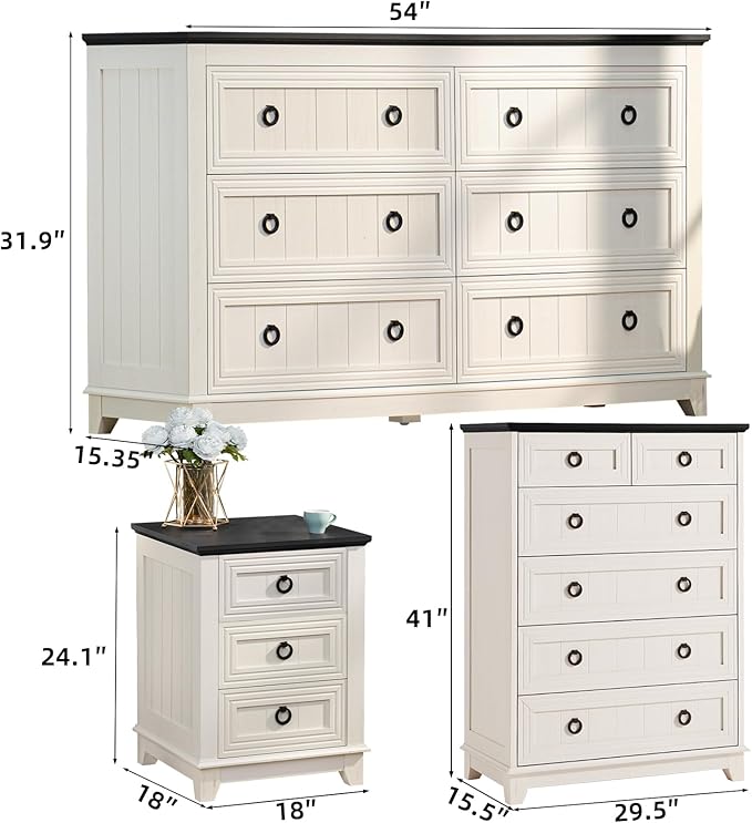 Bedroom Dresser and Nightstand Sets 4 Piece, Farmhouse 6 Drawers Dresser & 40.5" Tall Chest of Drawers, 18" Nightstands Set of 2, 54" Wide Furniture Dressers for Bedroom, Living Room, White
