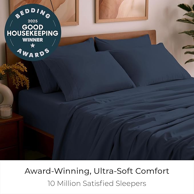Mellanni California King Sheet Set - 6-Piece Iconic Collection Bedding, (Including 4 Pillowcases), 16-Inch Deep Pocket, Easy Care, Extra Soft, Cooling Sheets, Brushed Microfiber - Navy Blue