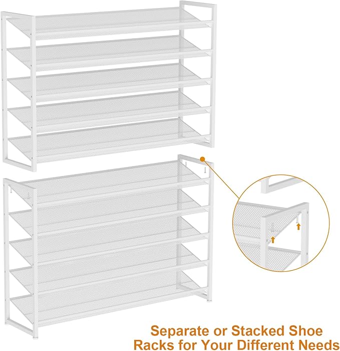 Large Shoe Rack 10 Tier Shoe Organizer, Heavy Duty Metal 5-Tier Stackable Shoe Storage Vertical Shoe Rack for Closet Front Door Entrance, Up to 62 Pairs, 44.8" W x 11.4" D x 71.2" H, White