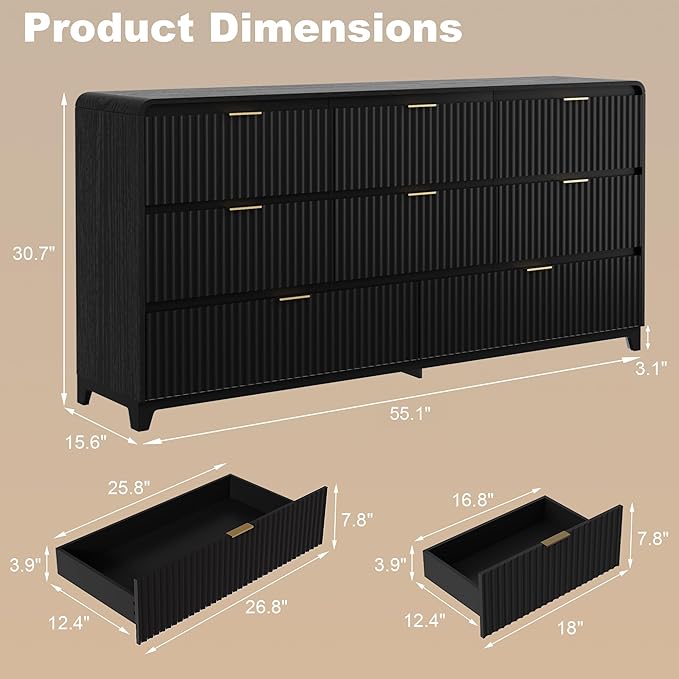 3 Pcs Bedroom Furniture Set, 8 Drawer Fluted Dresser and Nightstand Set of 2 with Charging Station, Modern Bed Side Table Chest of Drawers Storage Cabinet Set for Bedroom, Living Room, Black
