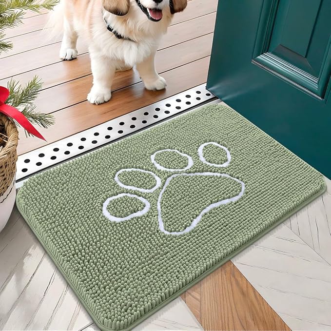 OLANLY Dog Door Mat for Muddy Paws 24x16, Paw Print Design, Absorbs Moisture and Dirt, Non-Slip Washable Doormat, Quick Dry Chenille Mud Mat for Dogs, Entry Indoor Entryway Carpet, Sage Green